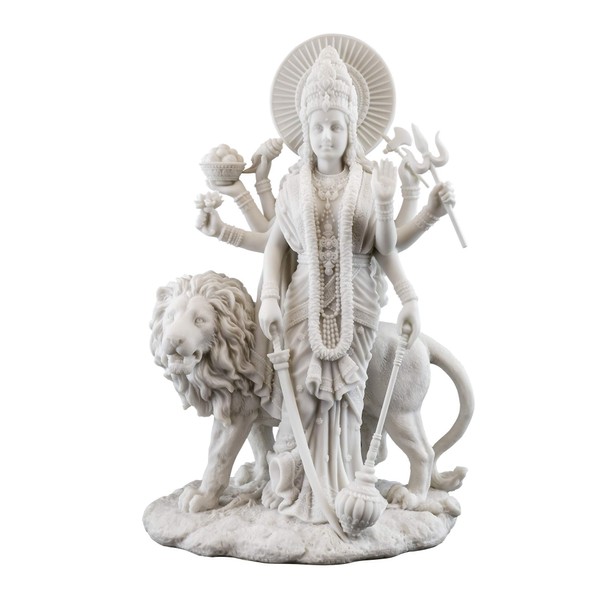 Top Collection Durga Female Hindu Statue with Lion- Divine Mother of The Universe Goddess Sculpture - Collectible East Asian New Age Figurine (White Marble)