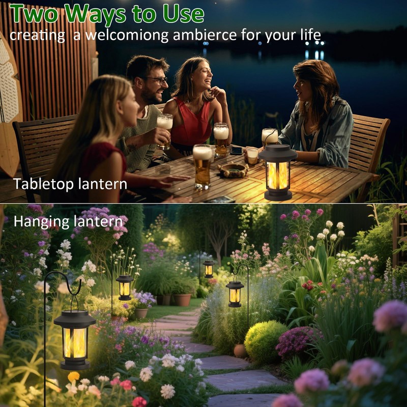 Derynome Solar Lantern Outdoor Lights, 4 Pack Upgraded Flickering Flameless
