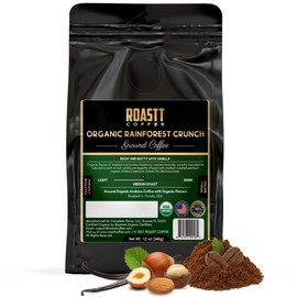 Organic Vanilla Nut Rainforest Crunch Ground Coffee Gourmet Medium Roast Organically Flavored Ground Coffee Caffeinated - 12 Ounces Roasted Flavored Coffee Grounds by Roastt Coffee