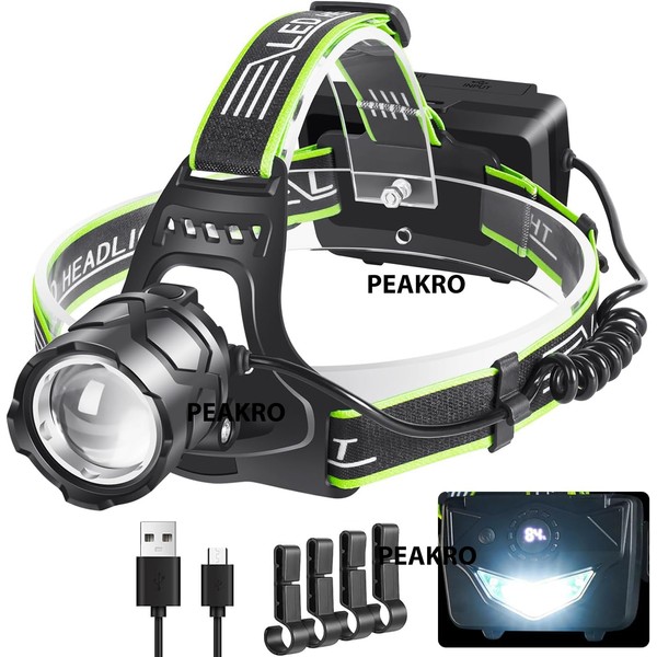 PEAKRO Head Torch Rechargeable, LED Headlamp Super Bright 90000 Lumen