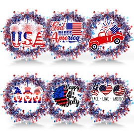 Daifunli 6 Sets 12 Inch 4th of July Wreath for Front Door Patriotic Red Blue and White Tinsel Independence Day USA Decorations Fourth of July with Wooden for Memorial Day Veterans Feather Sign Party