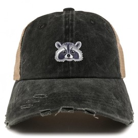Trendy Apparel Shop Raccoon Embroidered Patch Frayed Bill Trucker Mesh Back Cap - Black