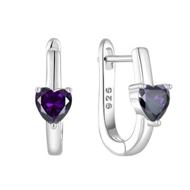 Raymard 925 Sterling Silver Hoop Earrings, Heart Cut Birthstone U Shaped Huggie Earrings, 18K White Gold Plated Jewelry for Women-Created Amethyst