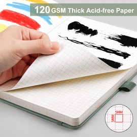 AHGXG Graph Paper Notebook, Hardcover Leather Journal with 120 GSM Thick Grid Paper, 160Pages, A5 Graph Notebook for Graphing Notes Math for School, Work, Engineering, 5.7" x 8.3", Sage Green