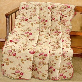 Cozy Line Home Fashions Rose Garden Vintage Floral Pink Khaki Scalloped Cotton Reversable Quilted Throw Blanket (60"x 50" inch)