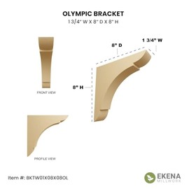Ekena Millwork BKTW01X08X08OLRW Medium Olympic Wood Wood Brackets, 1 3/4"W x 8"D x 8"H , Rubberwood
