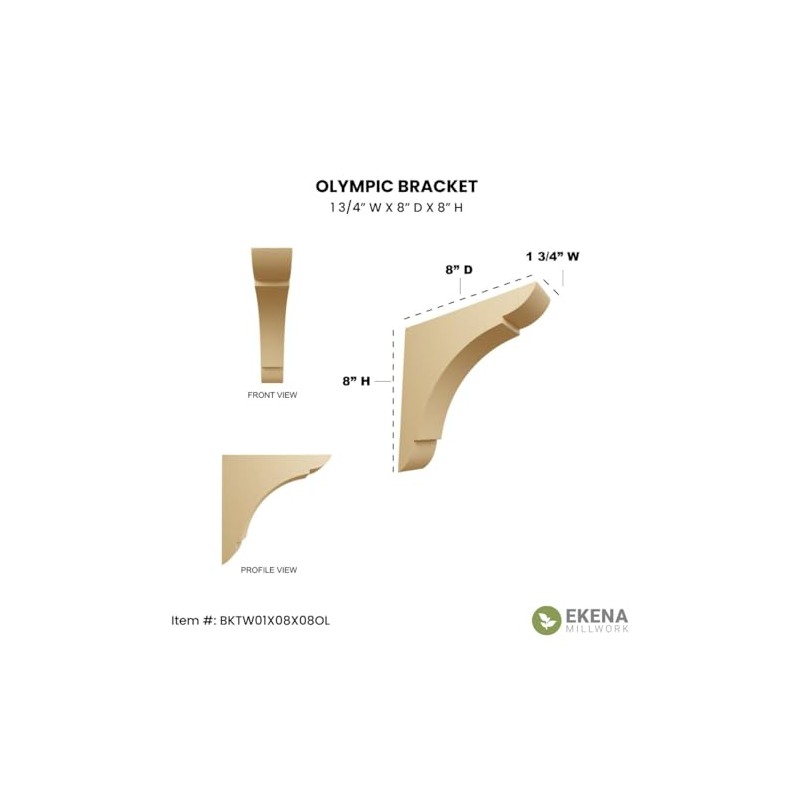 Ekena Millwork BKTW01X08X08OLRW Medium Olympic Wood Wood Brackets, 1 3/4"W