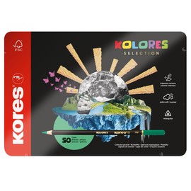 Kores - Kolores Selection, 50 Triangular Shape Colouring Pencils - Coloured Pencils with Soft Lead, Triangular Shape, FSC Wood - Set of 50 Assorted Colouring Pencils in Metal Case