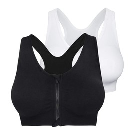 Fapreit Women's Zip Front Closure Sports Bra - Seamless Wirefree Post Surgery Padded Racerback Workout Gym Yoga Bras 2 Pack (Black, White)
