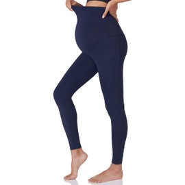 POSHDIVAH 2Pcs Women's Maternity Workout Leggings Over The Belly Pregnancy Yoga Pants with Pockets Soft Active Wear Work Pants Black Navy Medium