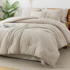 Litanika California King Size Comforter Set with Sheets Beige - 7 Pieces Bed in a Bag Cal King Chevron Tufted Complete Beddding Sets with Comforter, Sheets, Pillowcases & Shams