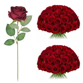 Umisu Artificial Silk Roses Flowers - 200 Pack Burgundy Fake Flowers for Wedding Decor, 3.7in(7cm) Silk-Like Velvet Flower Heads, 50cm Stems, Suitable for Home Decoration (200, Burgundy)