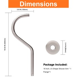 HarJue S Shaped Shower Arm, High Rise Shower Head Extension Pipe Standard 1/2" Connection with Flange, Awesome Shower Experience-Stainless Steel Bathroom Accessory(16 Inch J-S Shape, Brushed Nickel)