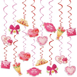 Mothers Day Decorations, Kaluofan 16PCS Mother's Day Hanging Spiral Decorations, Pink Happy Mothers Day Ceiling Window Wall Hanging Decorations Celebrating Mother's Day for Mum Show Your Love for Mum