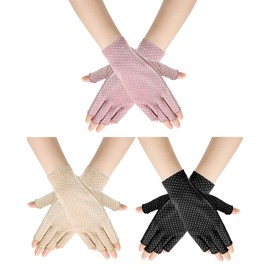 Sunblock Fingerless Gloves Non-slip UV Protection Driving Gloves Summer Outdoor Mittens for Women Girls(Beige, Pink, Black,3 Pairs)