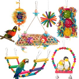 MAJUSTA 6pcs Parakeet Toy Cockatiel Toys Swing Hanging, Parrot Chewing Shredding Foraging Bird Toys with Rope Perch for Parakeets, Lovebirds, Conures, Cockatiels, Budgies