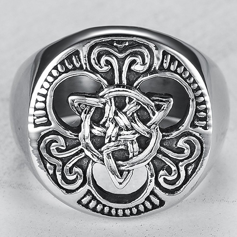 JUDE Stainless Steel Vikings Celtic Knot Signet Biker Ring (Silver,