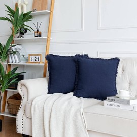 AmHoo Pack of 2 Linen Pillow Covers with Tassels Fringed Decorative Rustic Natural Throw Pillowcase Cushion for Couch Sofa Bedroom 22 x 22-Inch Navy Blue
