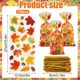 120 Pcs Fall Cellophane Treat Bags Maple Leaves Goodie Candy Bags Clear Thanksgiving Gift Bag Plastic Autumn Party Favor Bag with Twist Ties for Fall Thanksgiving Autumn Holiday Party Supplies