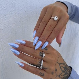 Chrome Glazed Donut Press on Nails Almond Shaped - Aurora Blue Medium Almond Nails Press on Glossy Shiny Acrylic Nails Reusable Fake Nails for Women, Glue on Nails Medium Length Stiletto False Nails