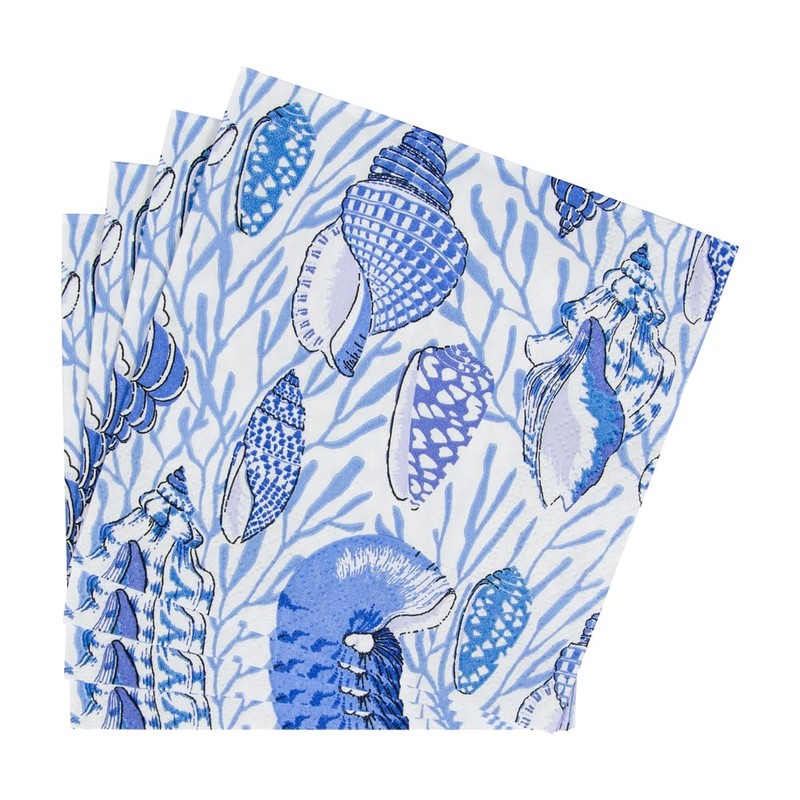 Caspari Shell Toile Paper Cocktail Napkins in Blue - 20