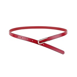 Women's Belt Fashion Skinny Slim Soft Genuine Leather Belts Waistband Thin Waist Belt Silver Chrome Color Alloy Buckle, 2-Pack, Red & Burgundy, For Waist 28"- 34", Women Size S-M, 4-6