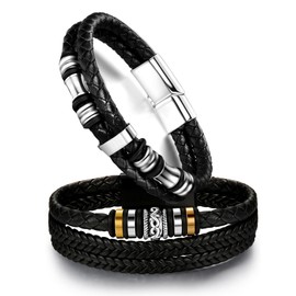 Dochais 2 pieces men's bracelet, premium leather bracelet for men in black, magnetic clasp made of stainless steel, premium genuine leather bracelet made of leather, braided with magnetic clasp,
