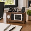 Wooden Desk Organizer with Calendar for Pens & Remotes -