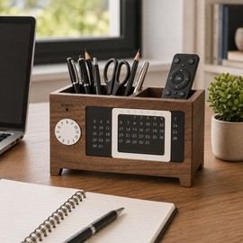 Wooden Desk Organizer with Calendar for Pens & Remotes - Compact Multifunction Storage for Office and Home