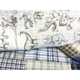 Cozy Line Home Fashions Benjamin Cute Dinosaur Plaid Navy Blue White Grey Bedding Quilt Set 100% Cotton Reversible Coverlet Bedspread Set for Kids Boy(Twin - 2 Piece)