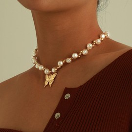 EVAZEN Pearl Necklace Chain Gold Butterfly Choker Vantage Necklace Necklace Accessories for Women
