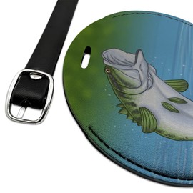 Bass Fish Jumping out of Water Fishing Round Leather Luggage Card ID Tag