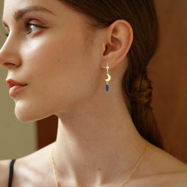 Star Moon Rectangular Geometric Stud Earrings 925 Sterling Silver Small Dangle Dainty Drop Earrings 18K Gold Plated Jewelry for Women DE0285Y