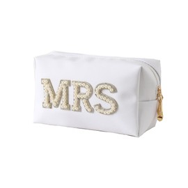 owiter Mrs Cosmetic Large Bag - White Patch Varsity Letter MRS Toiletry Big Bag Pearl Rhinestone Letter Patches Big Makeup PU Bag CB002 (white)