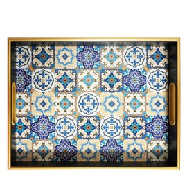 KEQAM 2 Pcs Rectangular Decorative Tray, Large Serving Tray with Handles, Bohemian Modern Blue Tray for Ottoman, Coffee Table Tray for Living Room, Home Decor,Morocco Black
