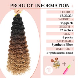 AMLUCKS Deep Wave Braiding Hair Ocean Wave Crochet Hair for Black Women Girls Synthetic Water Wave Crochet Hair Extensions for Boho Braids (1B/30/27#, 22inch-6)