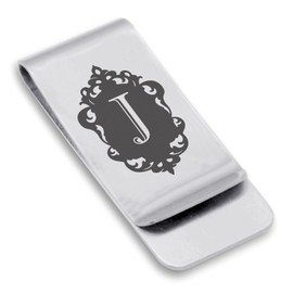 Comfort Zone Studios Stainless Steel Royal Crest Letter J Initial Classic Slim Money Clip Credit Card Holder, Silver
