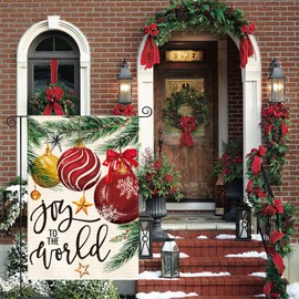 AVOIN colorlife Joy To The World Christmas Garden Flag 12x18 Inch Double Sided Outside, Holly Ornament Baubles Festive Holiday Yard Outdoor Decorative Flag