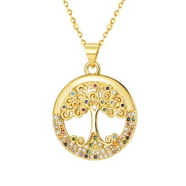 Flongo Women's Necklace with Tree of Life Pendant Stainless Steel Necklace Gold with Coloured Zirconia for Elegant Women and Girls Anniversary Birthday Gifts, Stainless Steel