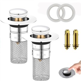 2 Pack Bathroom Sink Stopper Hair Catcher Pop-Up Stainless Steel Drain Strainer with Built-in Filter Basket Home Kitchen