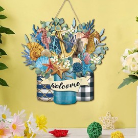 Welcome Coastal Decor Signs | Starfish Seashells Porch Sign | Summer Porch Wall Decor Welcome Sign, Beach Coastal Starfish Conch Coral Wood Door Hanger for Home