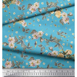 Soimoi Blue Viscose Chiffon Fabric Leaves,Moth & Magnolia Floral Print Fabric by Yard 42 Inch Wide