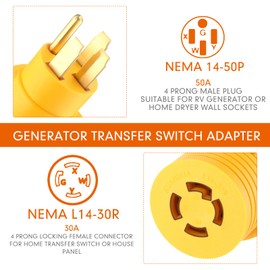 Kanayu NEMA 14-50P to L14-30R Generator Adapter Transfer Switch 50 Amp to 30 Amp 4-Prong Generator Adapter to House Locking Female Welder Dryer RV EV