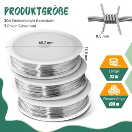 304 Stainless Steel Wire Craft Wire - 3 Rolls Silver Wire 0.5 mm x 100 m, Wire with Spool for Jewellery Making, Crafts, DIY, DIY (0.5 mm)