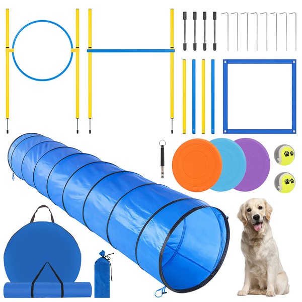 RAIN QUEEN Dog Agility Training Equipment - Dog Obstacle Course Training Starter Kit - Pet Outdoor Games with Tunnel, Weave Poles, Adjustable Hurdle, Jump Ring, Pause Box, Toys and Carrying Bag