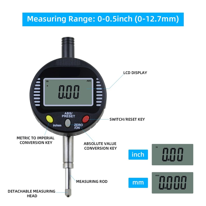 Electronic Digital Dial Gauge,with A Range of 0.5in/12.7mm and A