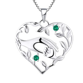 YL Mama Necklace 925 Sterling Silver Mother Holding Children's Hand, Pendant Necklace, Gifts for Mum, 925 Sterling Silver, Green