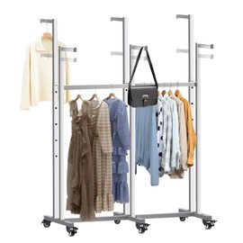 Floor Standing Metal Garment Rack, 6 Arms Clothing Display Rack with Wheels, Heavy Duty Chrome 48'' to 64'' Adjustable Height Retail Clothes Rack Rolling Shirt Rack for Hanging Clothes, Silver