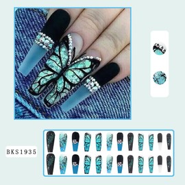 Green Press on Nails Long Coffin Glossy Artificial Fake Nails with Butterfly Designs Ballerina Long Square Glitter Acrylic False Nails Glue on Nails Full Cover Stick on Nails Fingernails for Women