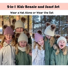 Simplicity Toddler Pom Pom Beanie Girls Winter Hat and Scarf Set Kids Children Fleece Lined Kids Beanie Knit Pom Pom Beanie Cap and Circle Scarf Set, Pink